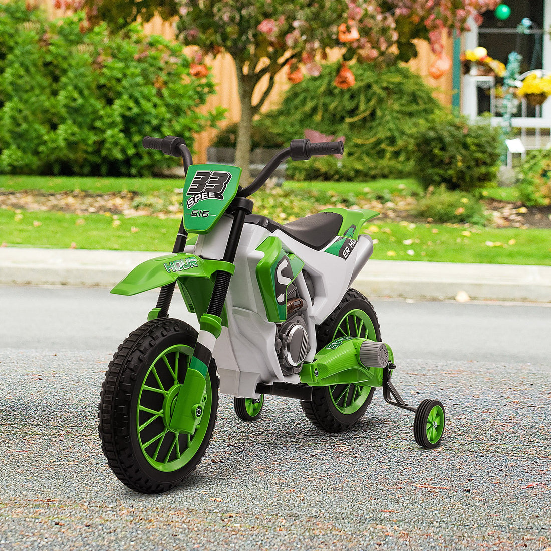 Aosom 12V Kids Motorcycle Dirt Bike Electric Battery Powered Ride On Toy Off Road Street Bike With Charging Battery, Training Wheels Green Green Plastic