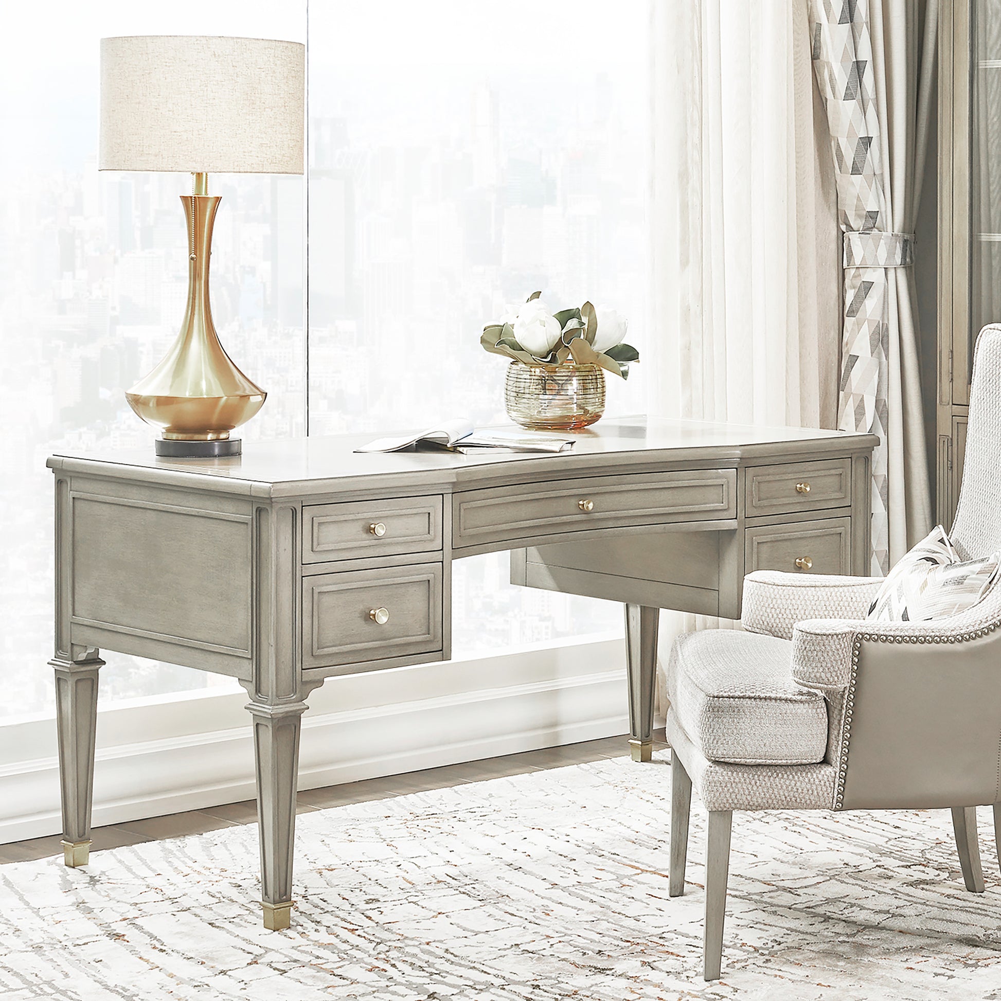 Dauphin Gold Accent 5 Drawer Wood Executive Desk, Grey Cashmere Wood Gray Solid Wood Mdf Wood
