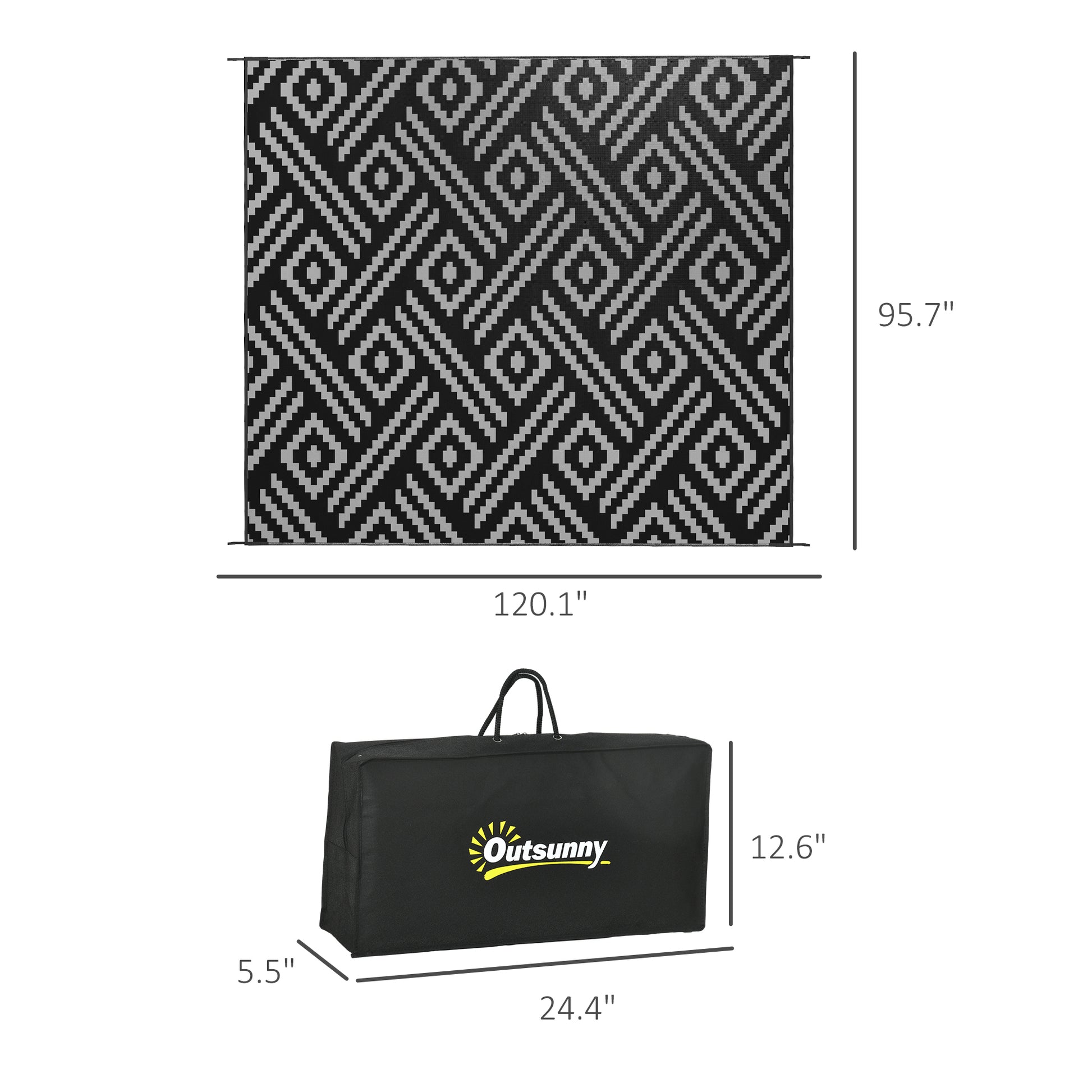 Outsunny Reversible Outdoor Rug, 8' X 10' Waterproof Plastic Straw Floor Mat, Portable Rv Camping Carpet With Carry Bag, Large Floor Mat For Backyard, Deck, Picnic, Beach, Black & Gray Geometric Multicolor Polypropylene