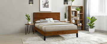 Mid Century Modern Solid Wood Bed Frame Queen Size Platform Bed With Three Piece Headboard Design, No Box Spring Needed, Brown Queen Brown Pine