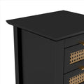 3 Pieces Bedroom Sets Queen Size Wooden Platform Bed With Natural Rattan Headboard, Nightstands Set Of 2 With Rattan Woven Surfaces And Three Drawers For Bedroom, Black Black Particle Board