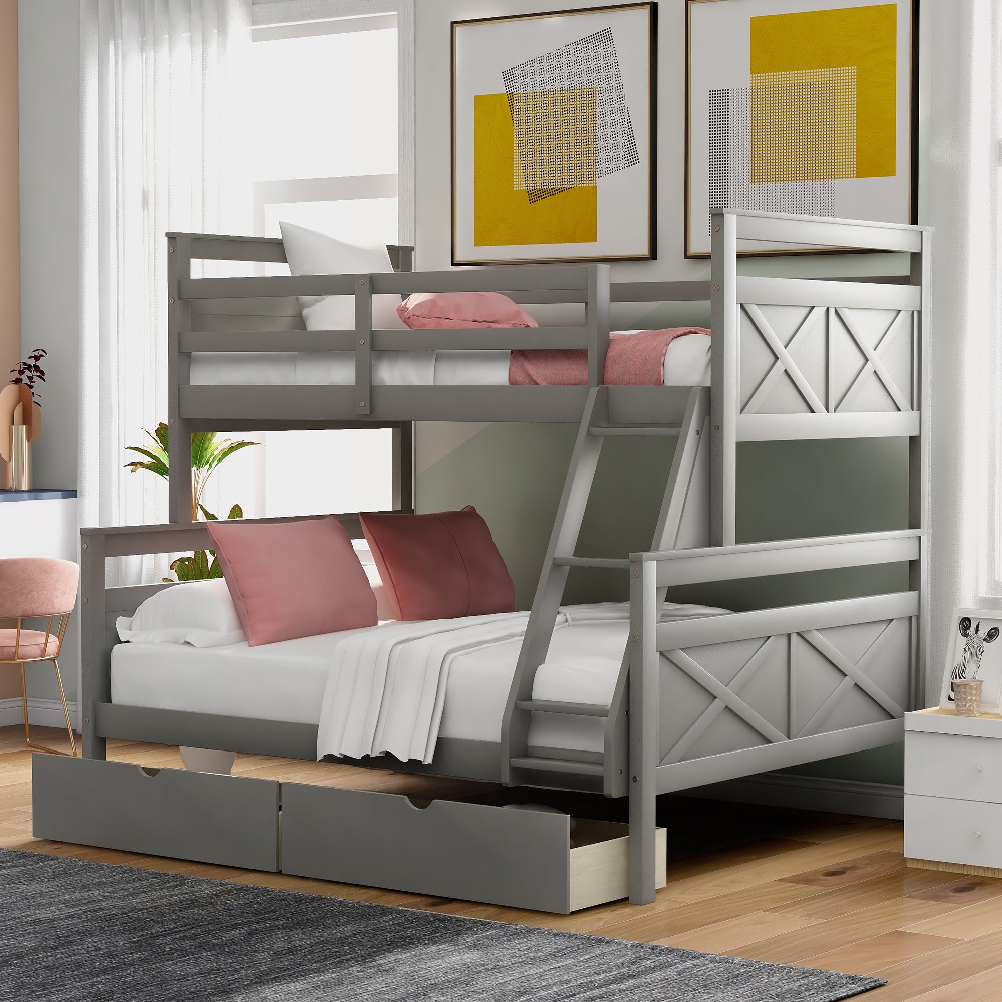 Twin Over Full Bunk Bed With Ladder, Two Storage Drawers, Safety Guardrail, Gray Twin Box Spring Not Required Gray Bedroom Bunk Pine