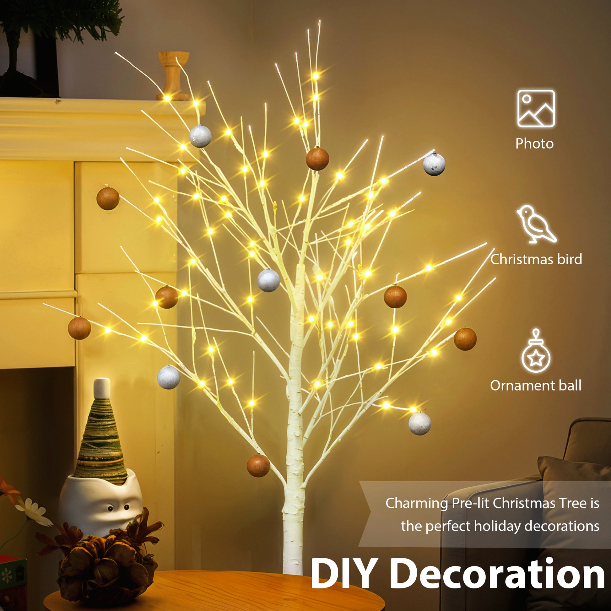 Set Of Lighted Birch Tree, 4Ft 48 Led 5Ft 72 Led 6Ft 96 Led Artificial Tree With Warm White Lights, Christmas Tree For Decoration Inside And Outside White Pvc