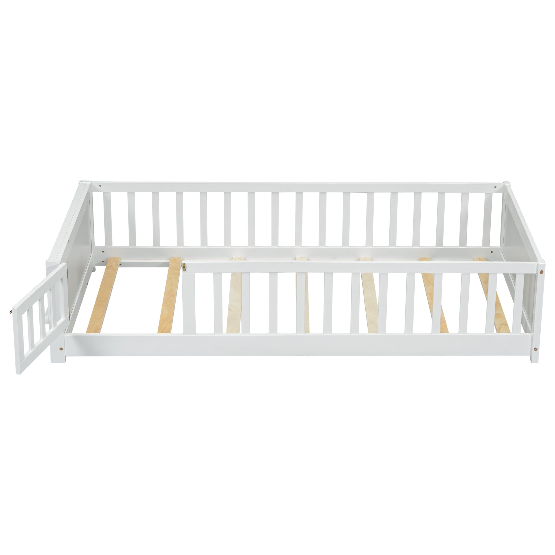 Twin Size Floor Platform Bed With Built In Book Storage Rack, Door,White Twin White American Design Pine