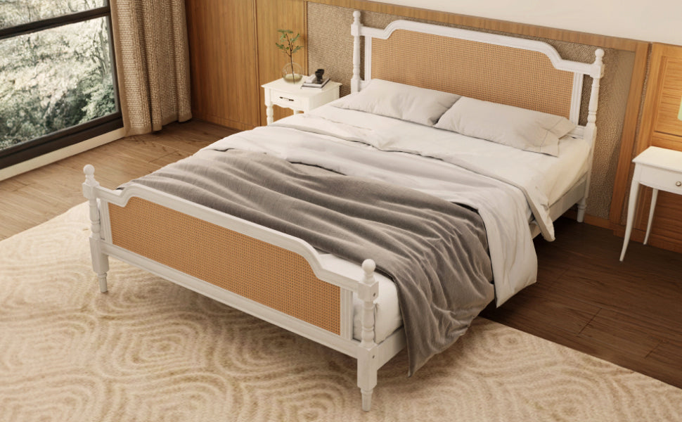 Traditional Style Rattan King Size Bed Frame,No Box Spring Needed,Antique White Box Spring Not Required King Antique White Wood Bedroom Traditional,Vintage Bed Frame Wood