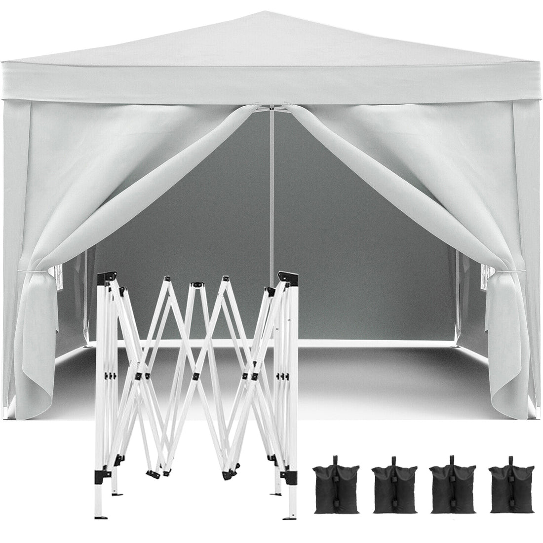 10'X10' Folding Canopy With 4 Removable Sidewalls Outdoor Event Shelter Upf 50 Gazebo Portable Tents For Parties Beach Camping Wedding Ez Pop Up Canopy 4Pcs Weight Bag Carry Bag White Metal