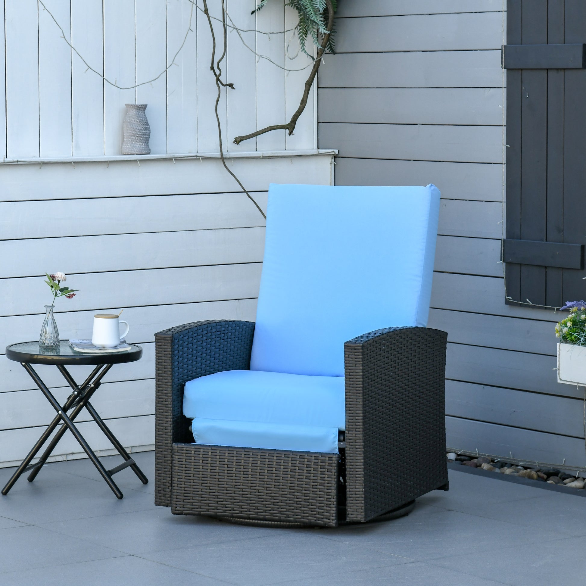 Outsunny Outdoor Wicker Swivel Recliner Chair, Reclining Backrest, Lifting Footrest, 360 Rotating Basic, Water Resistant Cushions For Patio, Light Blue Light Blue Polyethylene