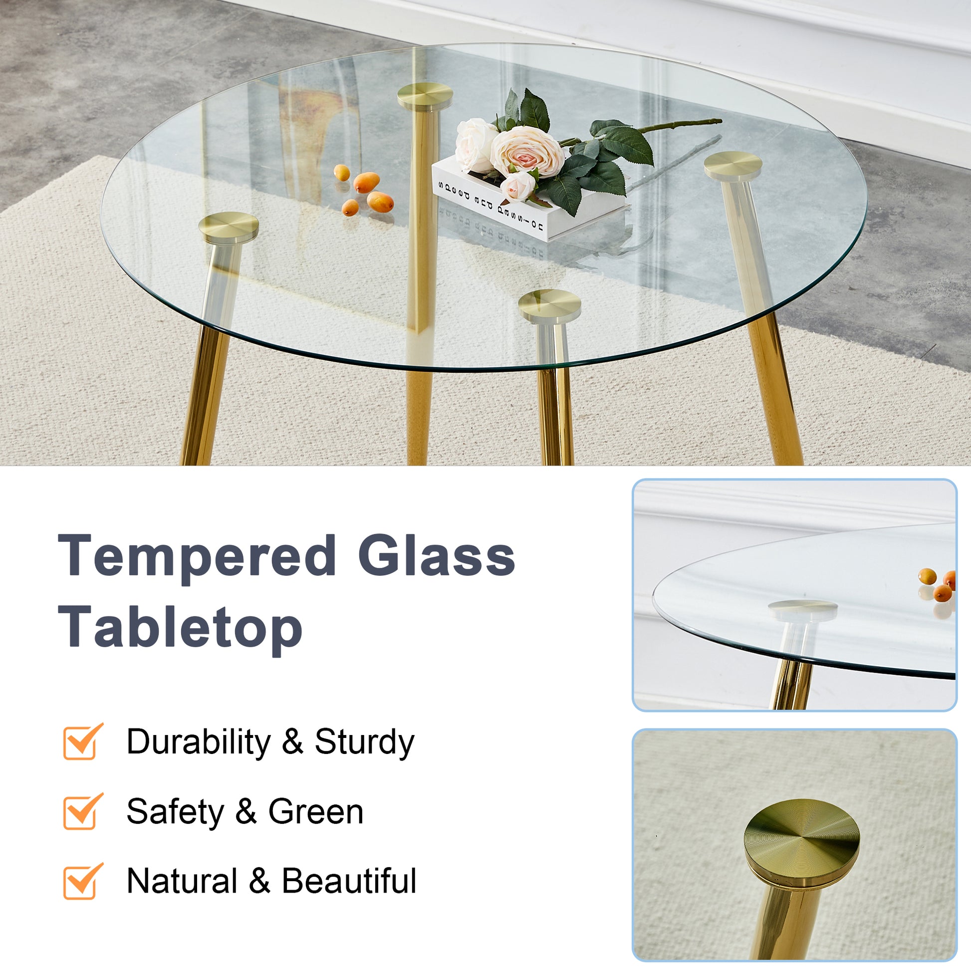 Round Dining Table With Glass Top, Gilded Metal Legs, Exquisite Living, Starting From The Details, The Gold Legs Show An Extraordinary Texture, Which Is The Finishing Touch To Your Home Transparent Glass Metal