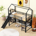 Twin Size House Metal Loft Bed With Iron Mesh Shelves And Slide,Black Black Metal