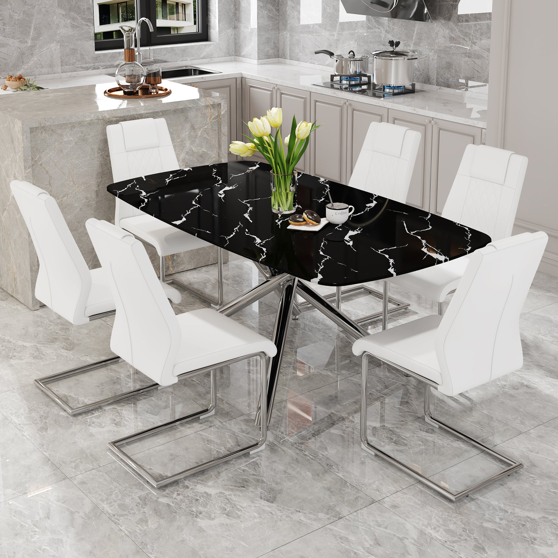 Table And Chair Set.Table And Chair Set.Modern Luxurious Black Marble Patterned Tempered Glass Dining Table With 6 White Pu Chairs.Multiple White High Quality Pu Dining Chairs With Silver Legs.