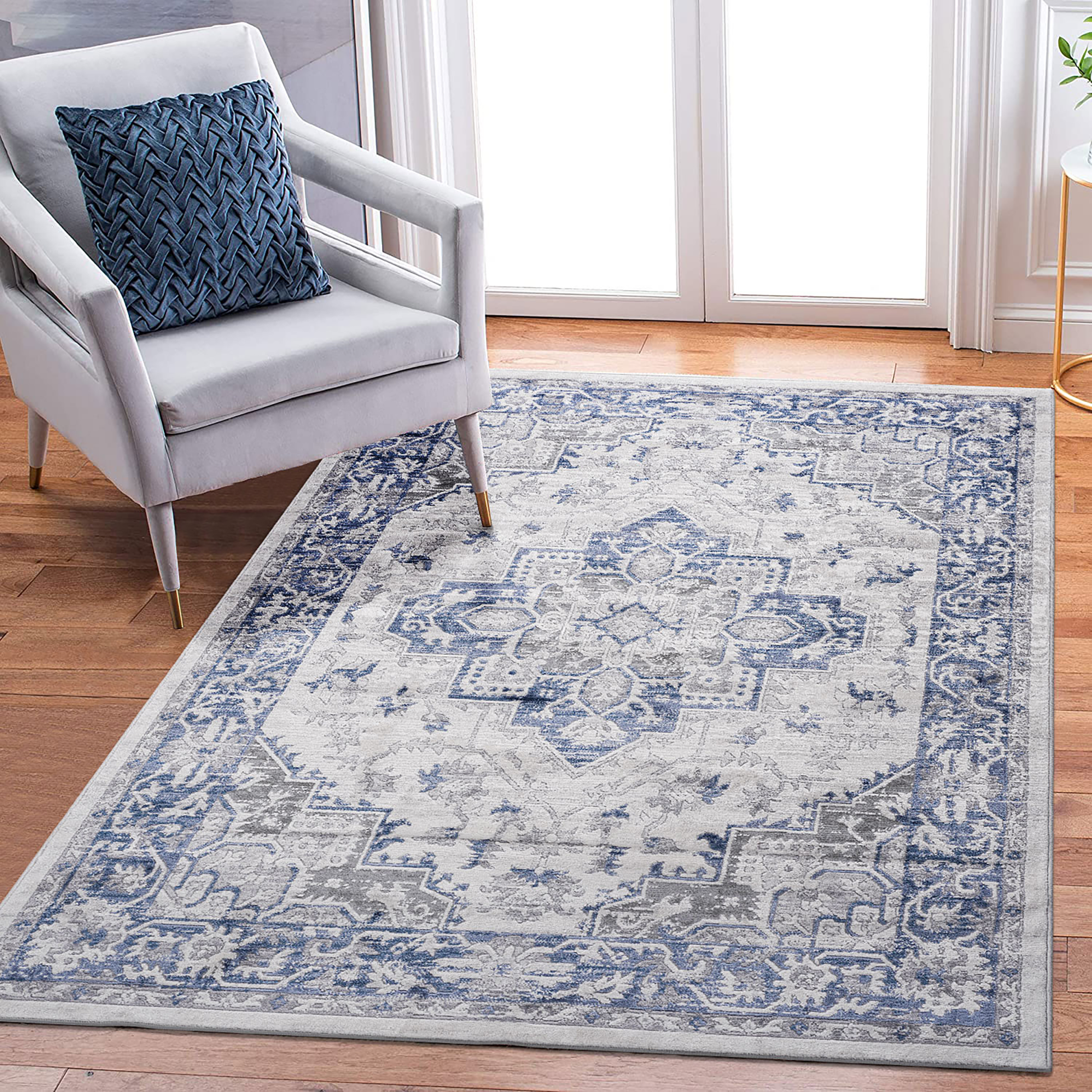 5X7 Blue Grey Oriental Non Shedding Living Room Bedroom Dining Home Office Stylish And Stain Resistant Area Rug Blue Grey Polyester