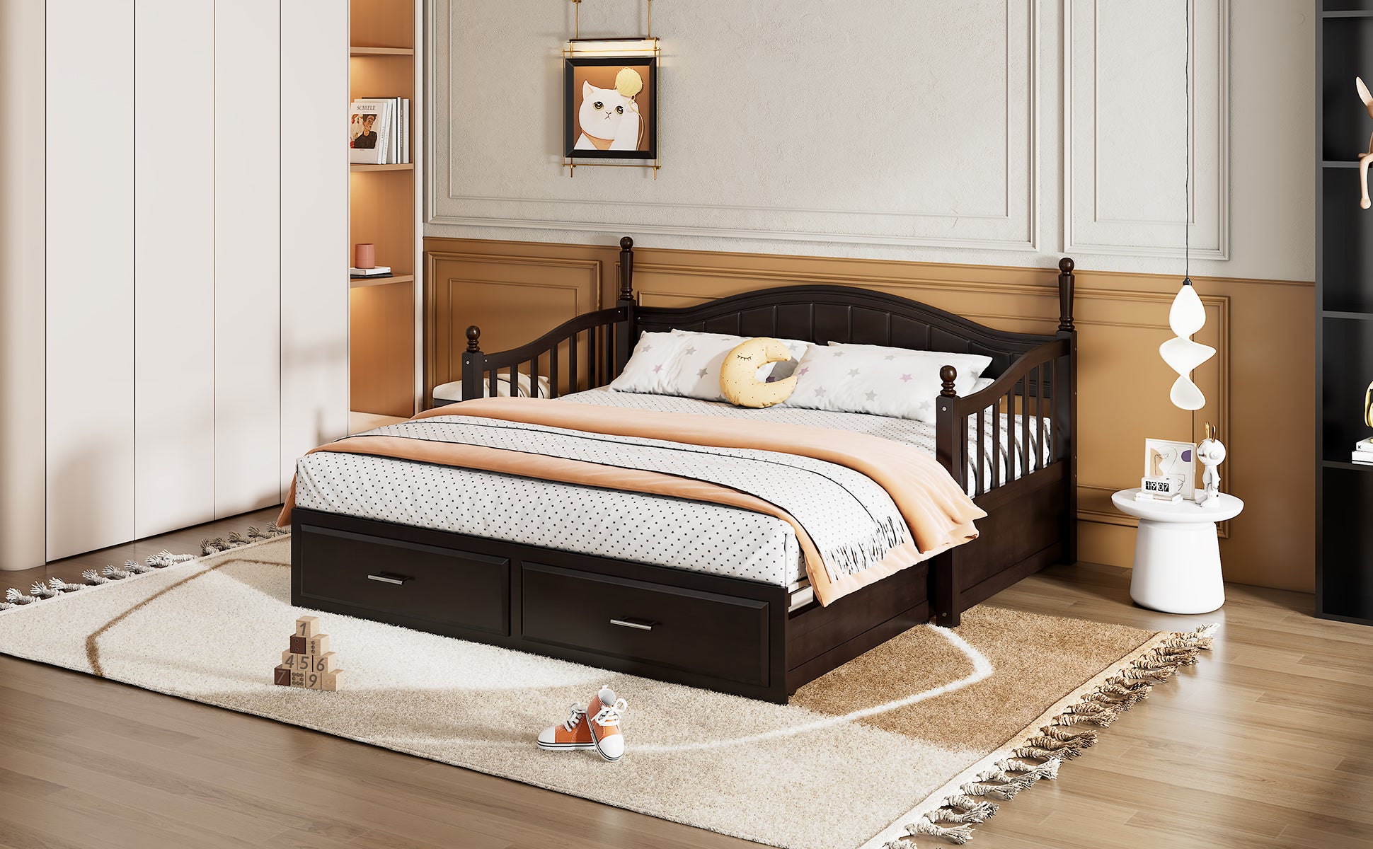 Wooden Twin Size Daybed With Twin Size Trundle, Extendable Daybed With Two Storage Drawers, Espresso Expected Arrival Time:9.12 Twin Espresso Wood