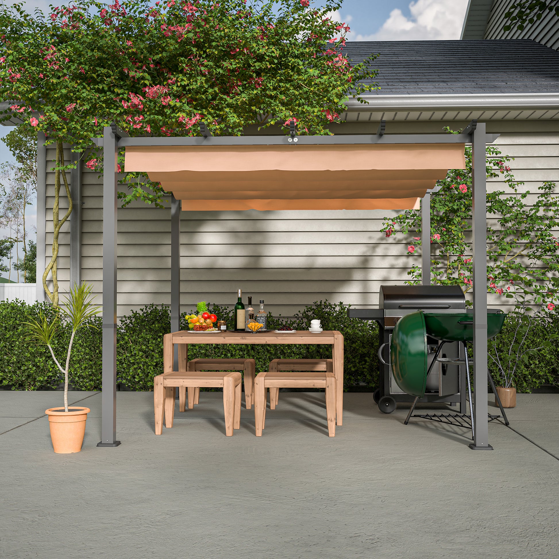 10' X 10' Aluminum Patio Pergola With Retractable Pergola Canopy, Backyard Shade Shelter For Porch, Outdoor Party, Garden, Grill Gazebo, Khaki Khaki Aluminium