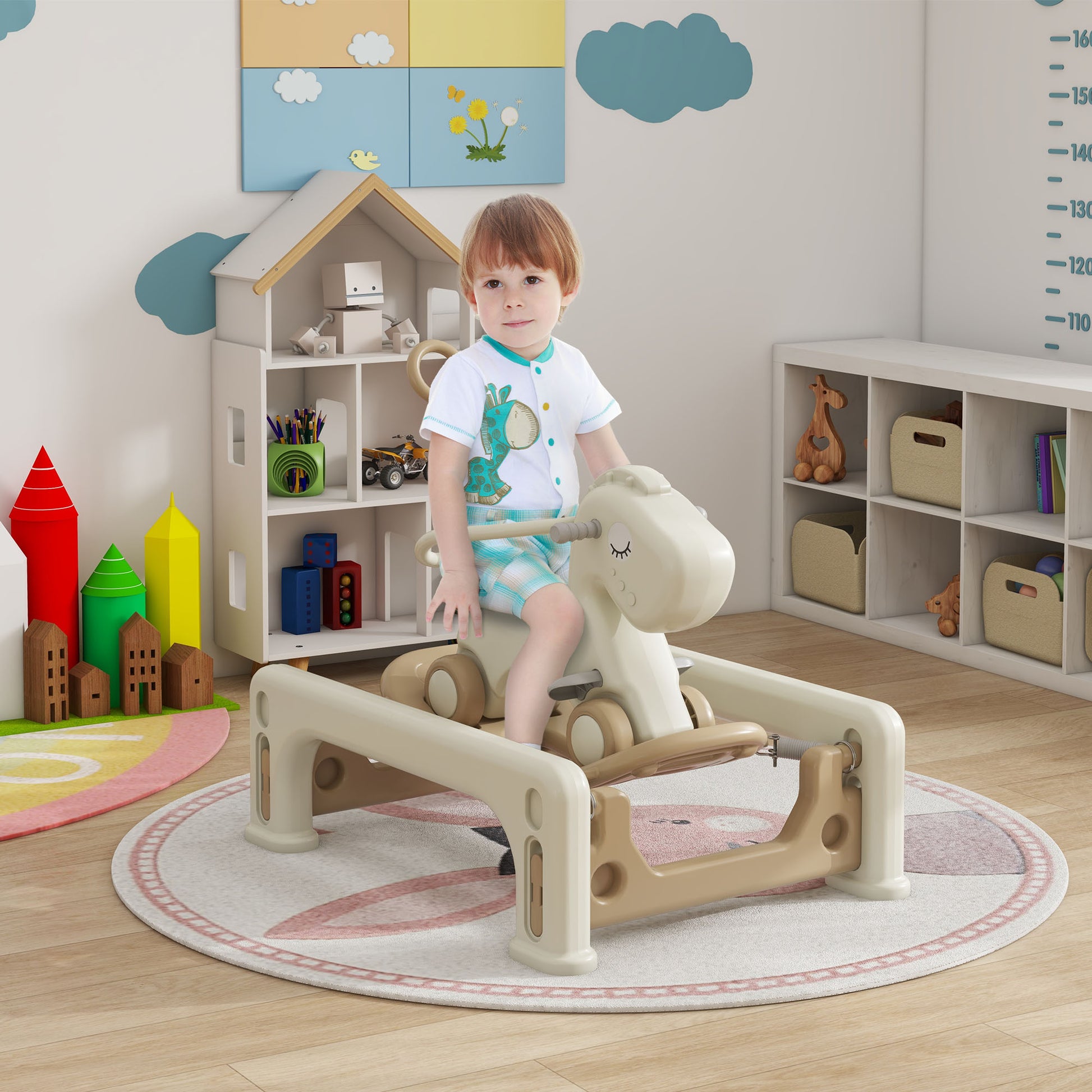 Qaba 5 In 1 Rocking Horse For Toddlers Years 1 6, Kids Spring Ride On Horse Balance Bike With Detachable Balance Board, Push Handle & Footrest For Baby Boys And Girls, Cream White Cream White Hdpe