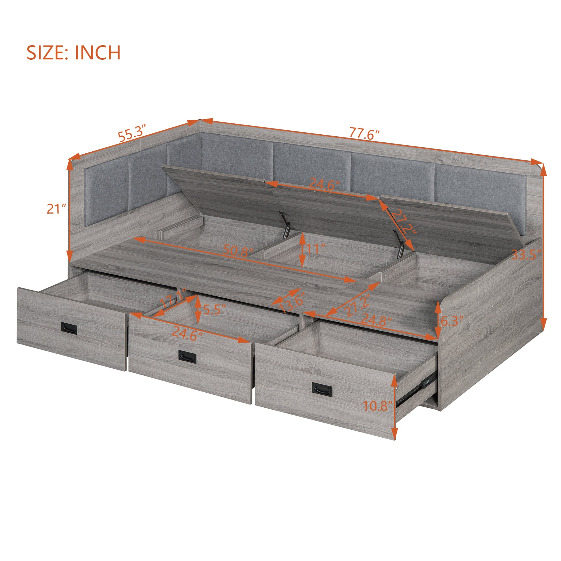 Full Size Daybed With Three Drawers And Three Storage Compartments, Gray Full Gray Mdf