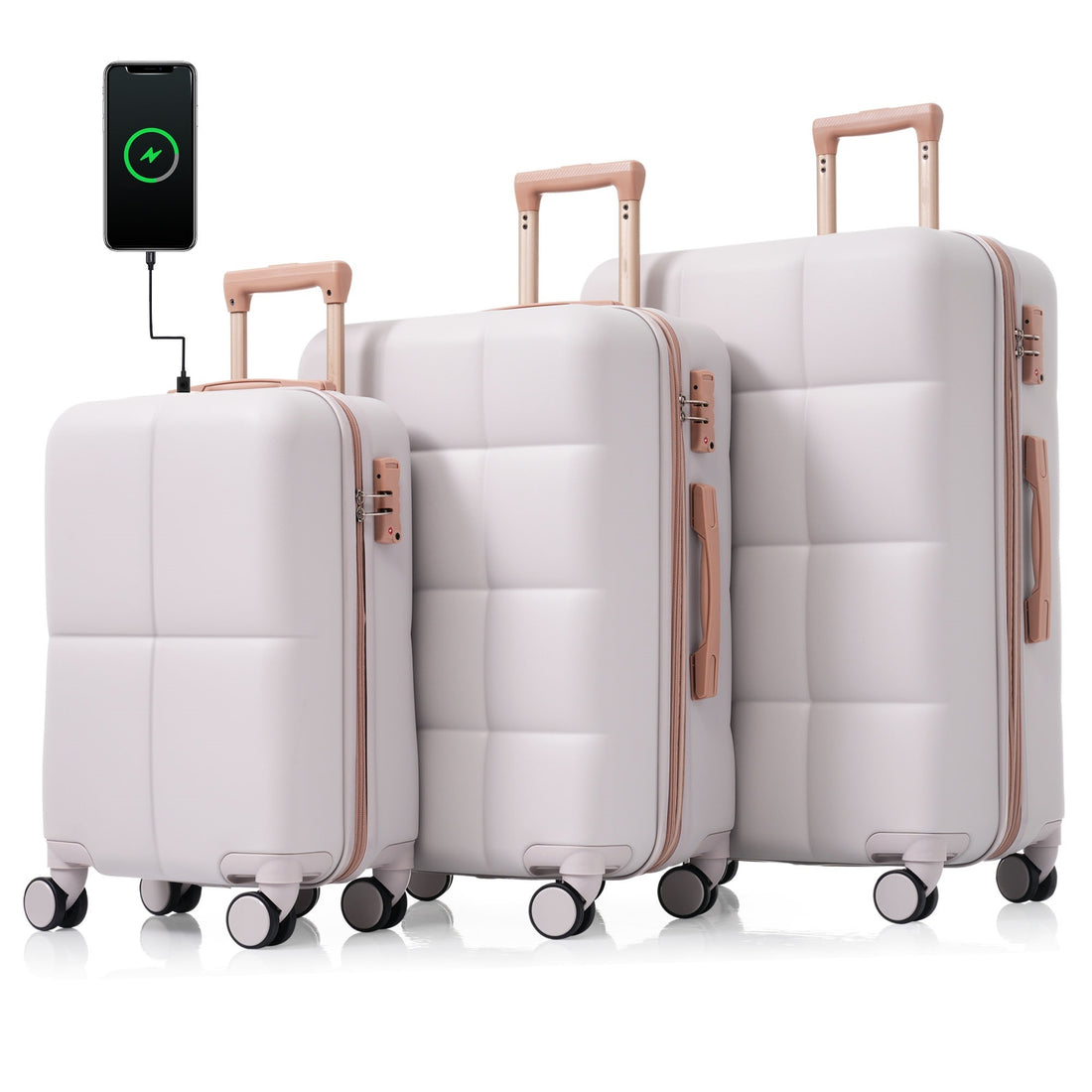 Luggage Set Of 3, 20 Inch With Usb Port, Airline Certified Carry On Luggage With Cup Holder, Abs Hard Shell Luggage With Spinner Wheels, Light Grey Grey Abs