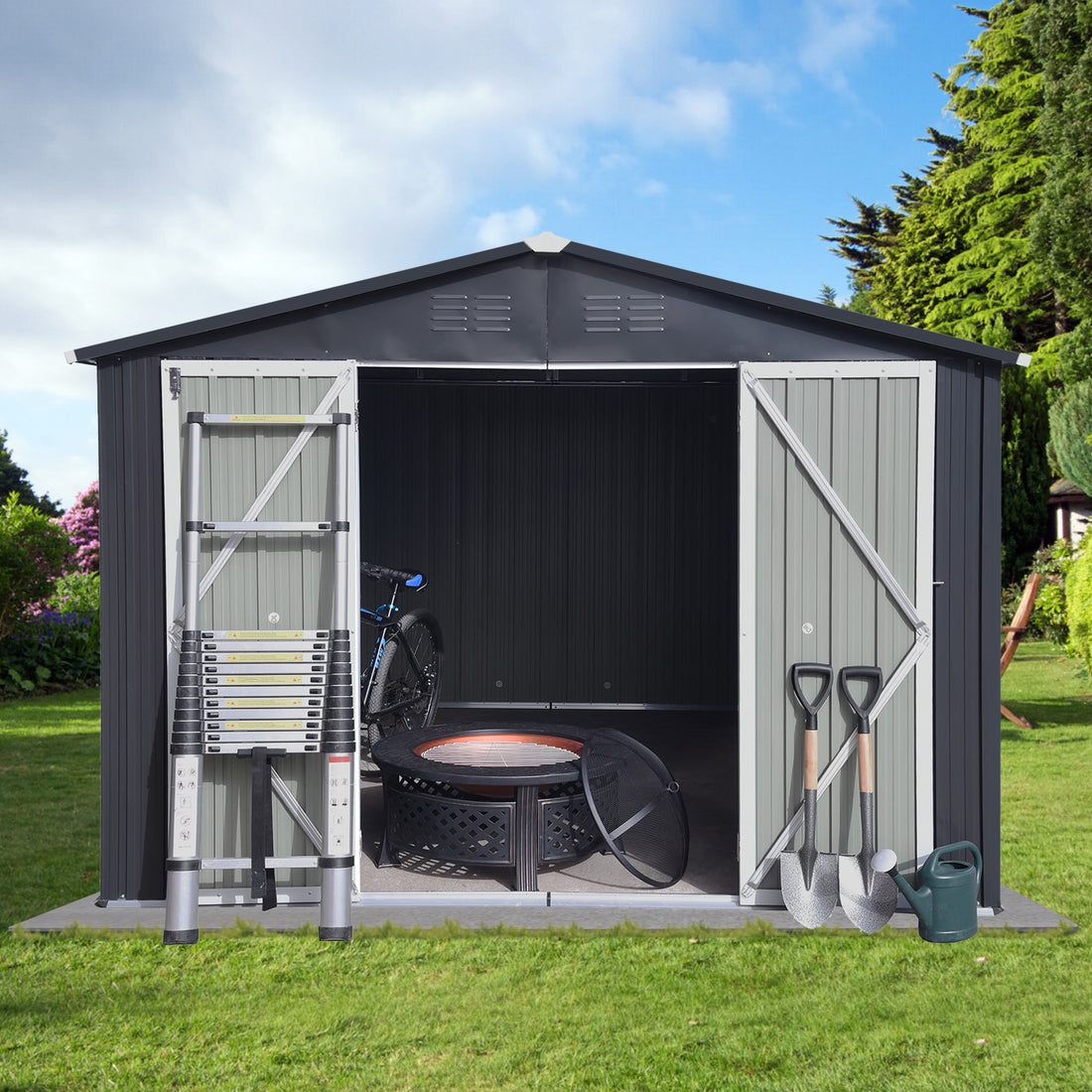 Metal Garden Sheds 10Ft 12Ft Outdoor Dark Grey Dark Gray Metal