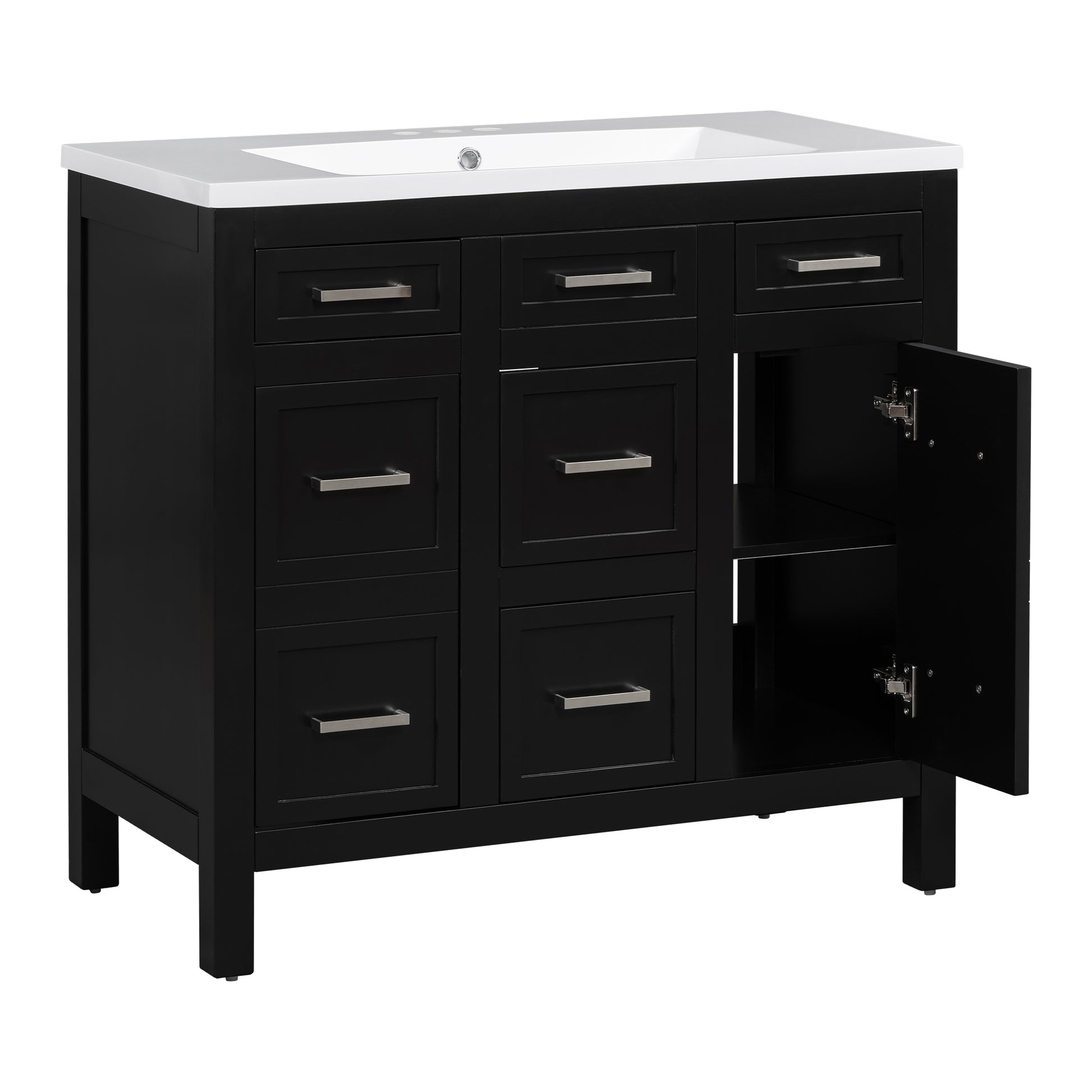 36" Bathroom Vanity Cabinet With Resin Integrated Sink 4 Drawers, 2 Doors Black Bathroom Solid Wood Mdf Resin