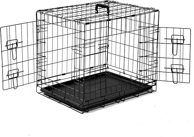 Folding Metal Wire Dog Crate, 30 Inch Durable, Foldable, Collapsible Double Door Dog Crate With Removable Leak Proof Pan, Portable Dogs Crate With Divider, Black Black Iron