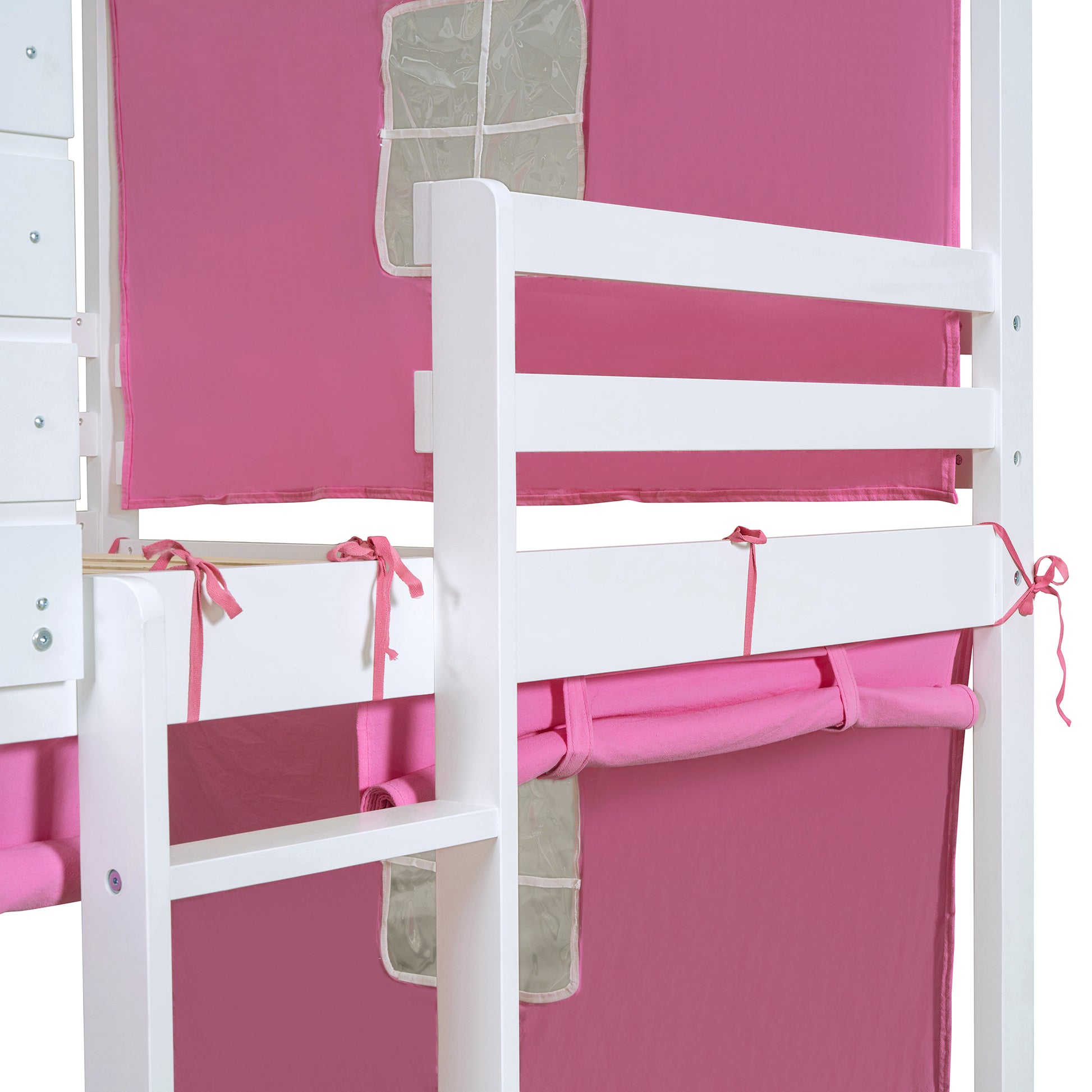 Full Size Bunk Wood House Bed With Tent, Pink White Full Pink White Solid Wood Mdf