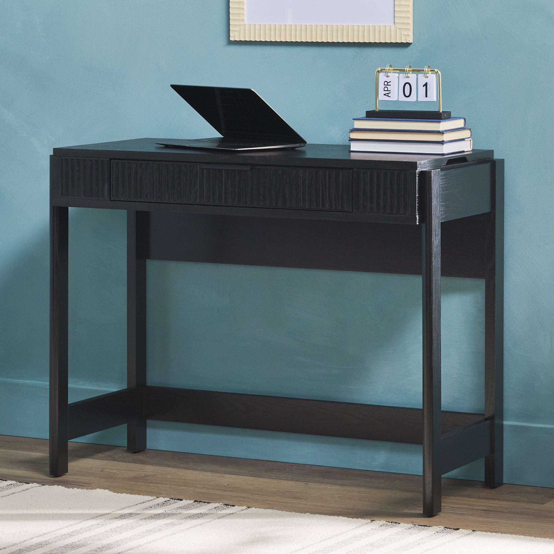 Transitional Reeded Lift Top Desk With Drawer Black Black Mdf Mdf