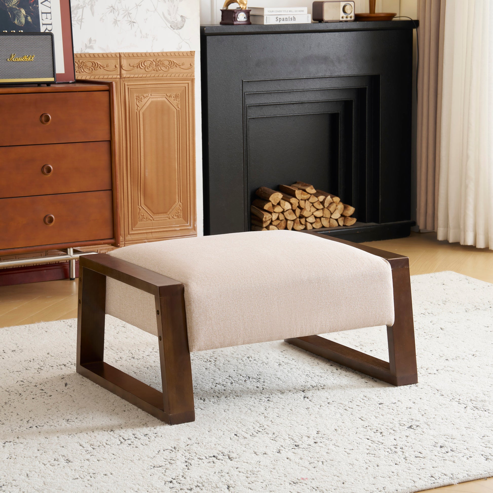 Sleek And Stylish Ottoman, Beige Beige Polyester,Wood