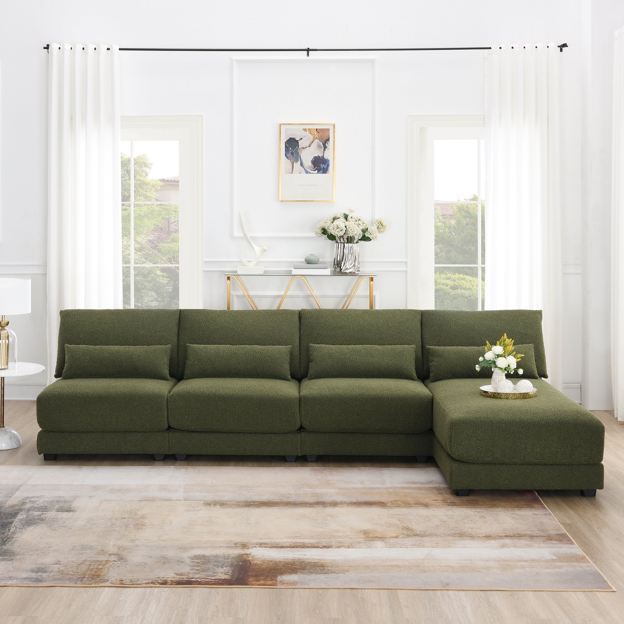 120*61" Oversized Deep Seat Sectional Sofa With Reversible Chaise,Loop Yarn Fabric 5 Seat Armless Indoor Furniture,Convertible L Shaped Couch For Living Room,Apartment,3 Colors Green Fabric 5 Seat