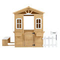 Wooden Playhouse For Kids Outdoor With Working Door, Windows, Mailbox, Bench, Flowers Pot Holder, 39