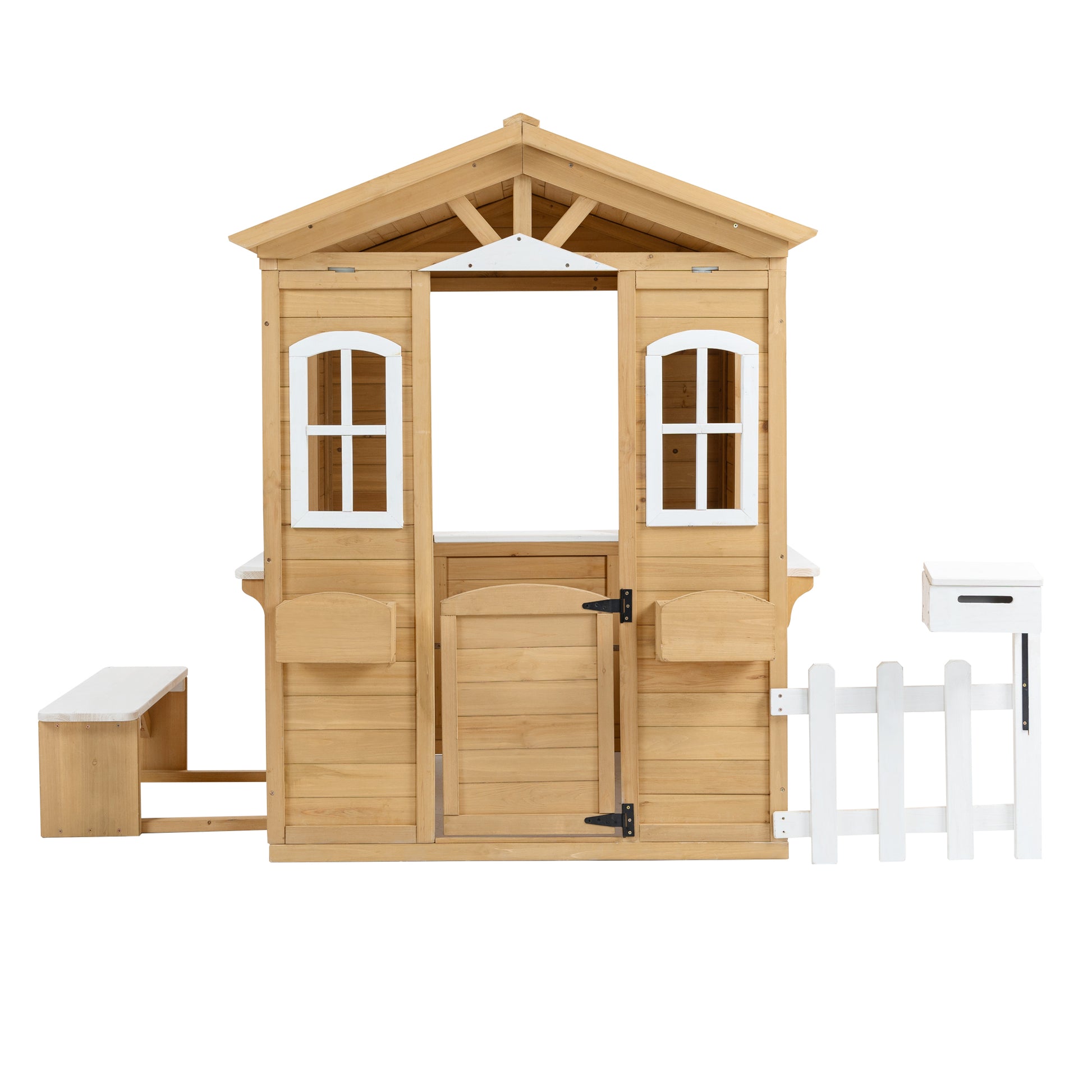 Wooden Playhouse For Kids Outdoor With Working Door, Windows, Mailbox, Bench, Flowers Pot Holder, 39" X 38" X 55.5" Natural Solid Wood