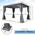 10' 13' Louvered Pergola With Adjustable Roof, With Curtain And Netting Gray Rectangular No Foundation Needed None Garden & Outdoor Classic Powder Coated Frame Gazebos Anchored Aluminium Alloy