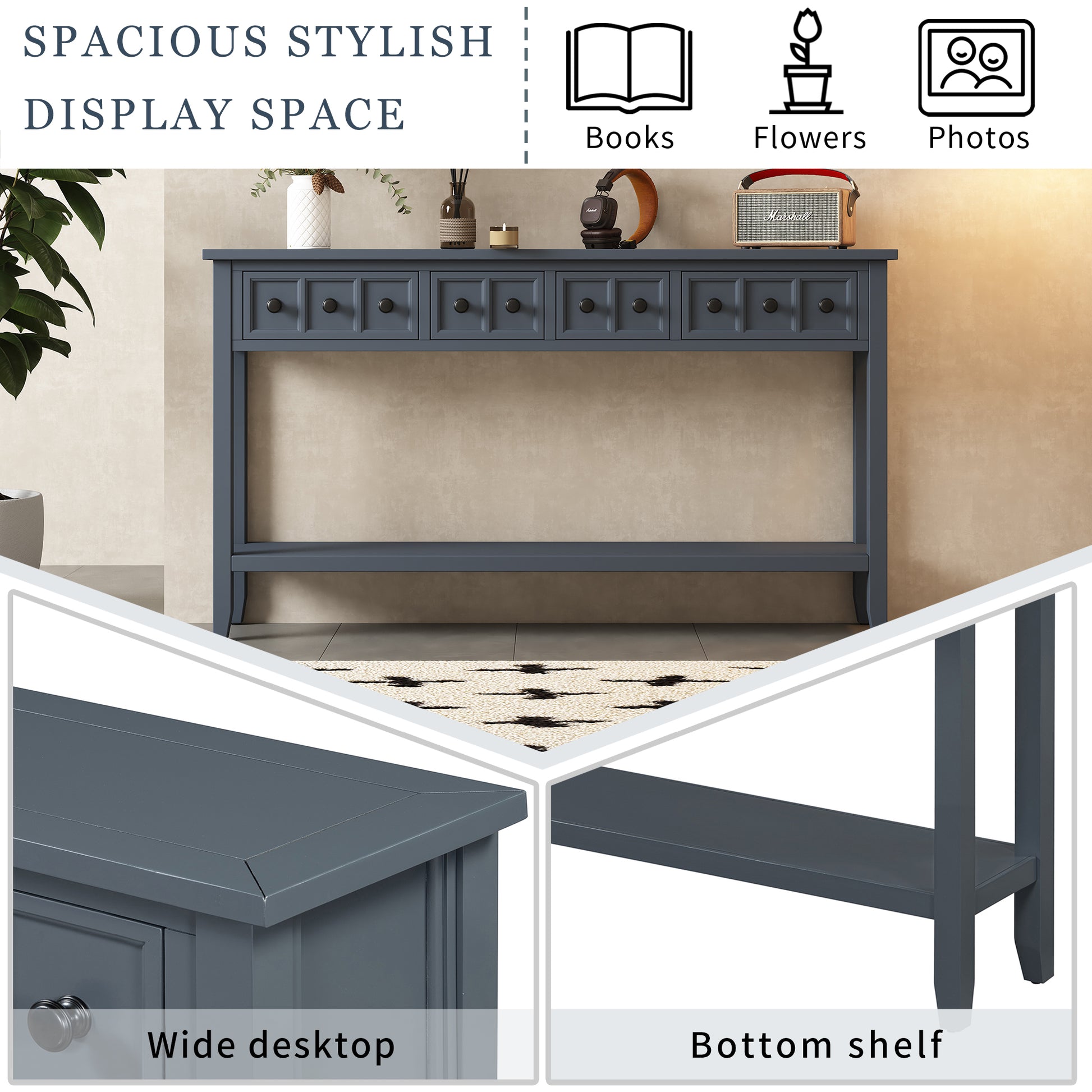 Rustic Entryway Console Table, 60" Long Sofa Table With Two Different Size Drawers And Bottom Shelf For Storage Hale Navy Hale Navy Solid Wood