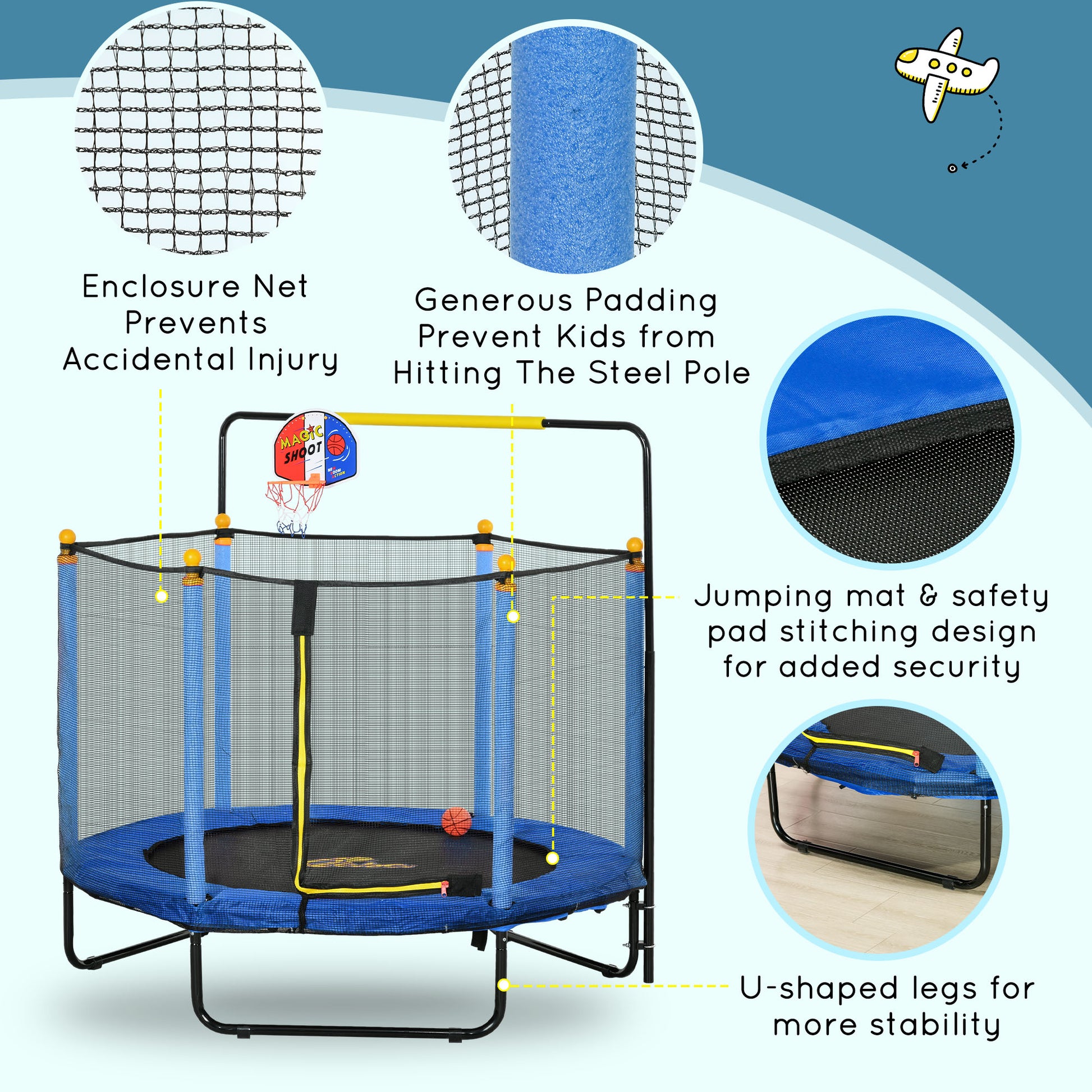 Qaba 4.6' Kids Trampoline With Basketball Hoop, Horizontal Bar, 55" Indoor Trampoline With Net, Small Springfree Trampoline Gifts For Kids Toys, Ages 3 10, Blue Blue Steel