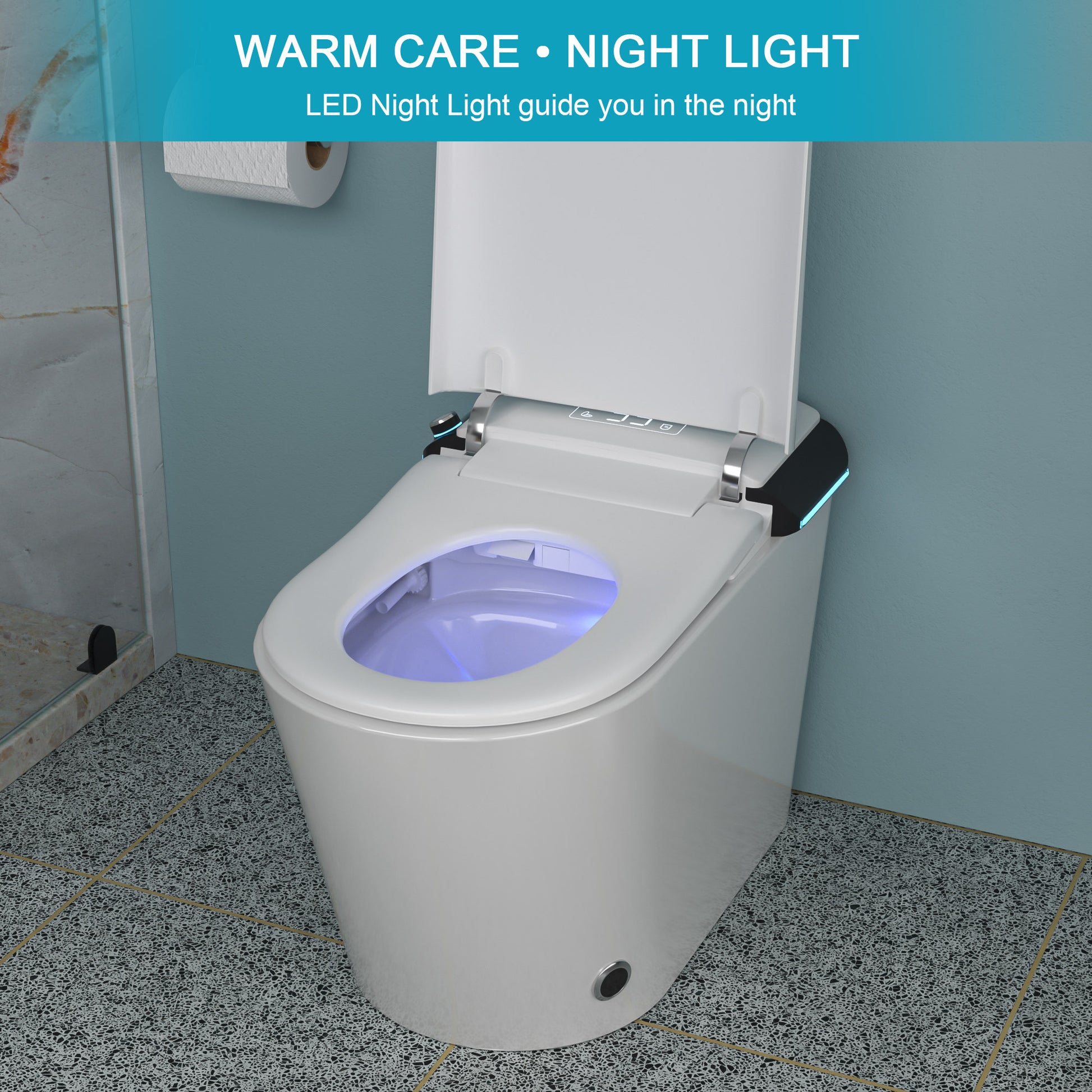 Smart Toilet With Bidet Built In, Auto Open & Close, Elongated Heated Seat, Foot Sensor Flush, Led Display, Warm Water Wash, Dryer, Night Light White Ceramic