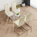 Modern Simple Rectangular Glass Dining Table, Solid Tempered Glass Countertop, Wood Transfer Metal Table Legs, Light Yellow Pu Dining Chair Set, Suitable For Restaurant Kitchen Use Set Of 5 Upholstered Chair Glass Light Yellow Seats 4 Metal Rectangular