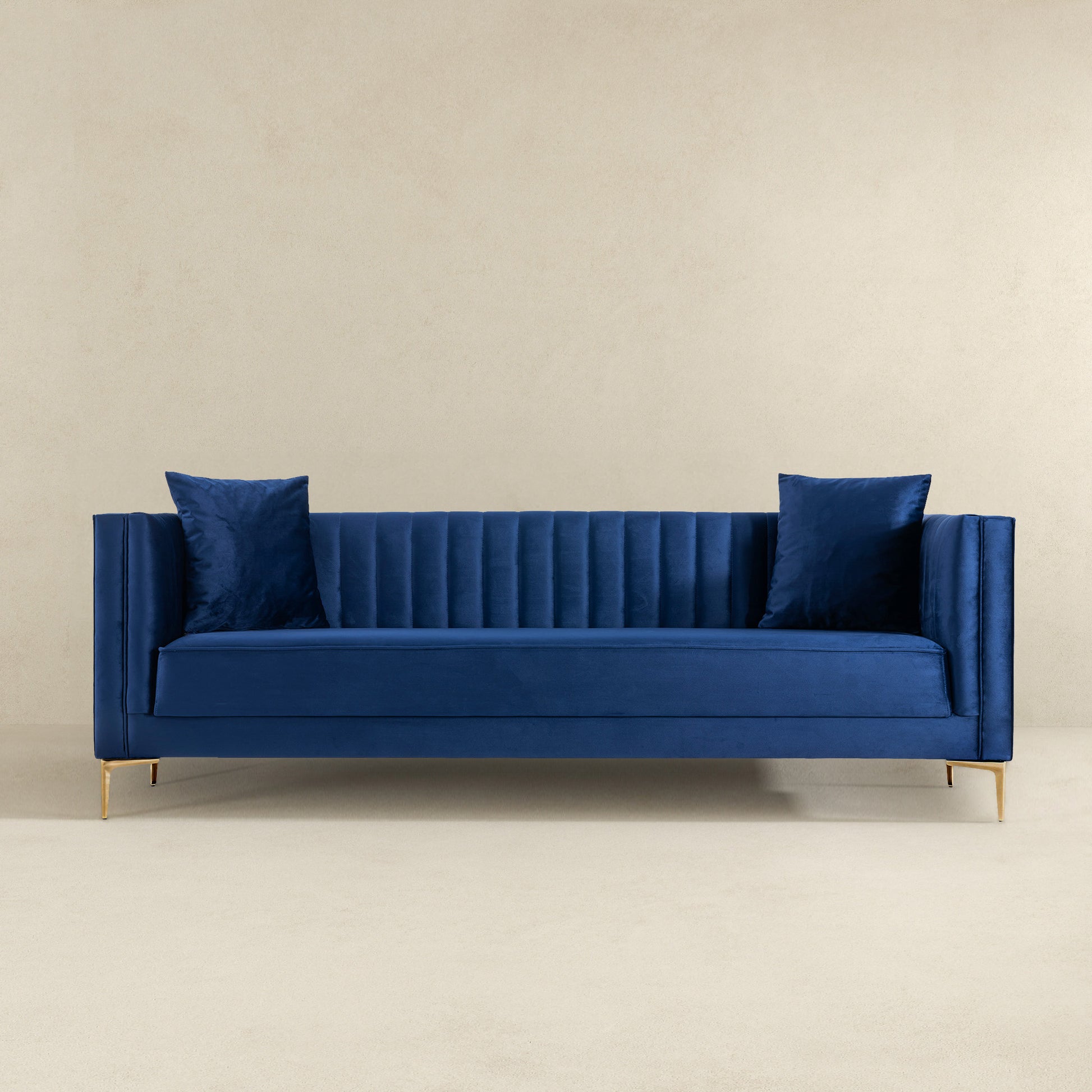 Angelina Sofa 91" Dark Blue Velvet Dark Blue,Gold Velvet Wood Primary Living Space Tufted Back Mid Century Modern Foam Metal,Solid Wood,Velvet 3 Seat