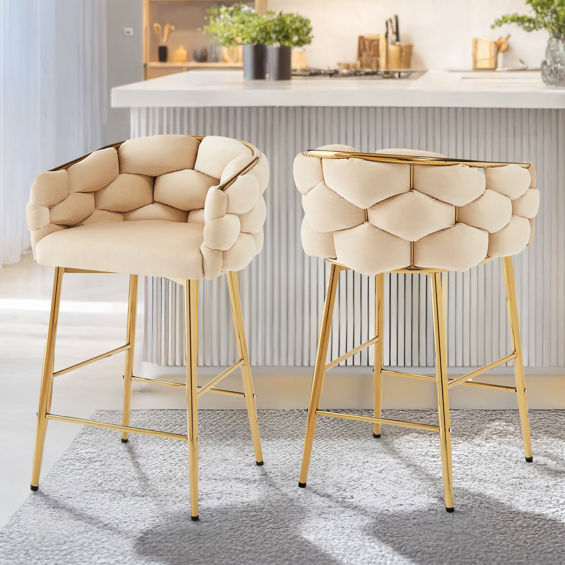 28'' Modern Counter Stools Set Of 2,Beige Counter Stools With Iron Frame,Soft Back And Cushion,Footrest,Suitable For Kitchen Bedroom Dining Room. Iron Beige Kitchen Sponge Contemporary Set Of 2