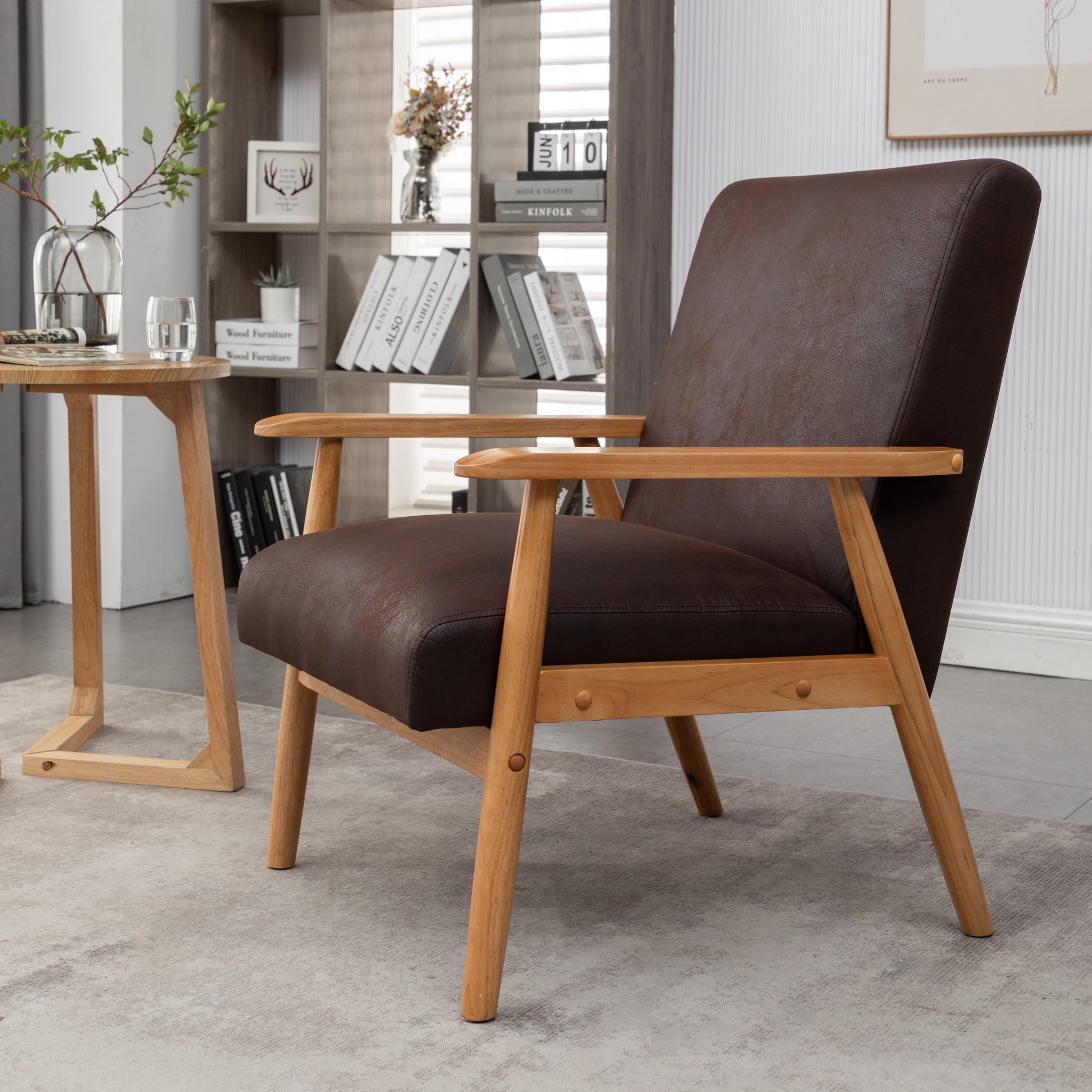 25.38'' Wide Classic Mid Century Modern Arm Chair, Dark Brown Dark Brown Microfiber