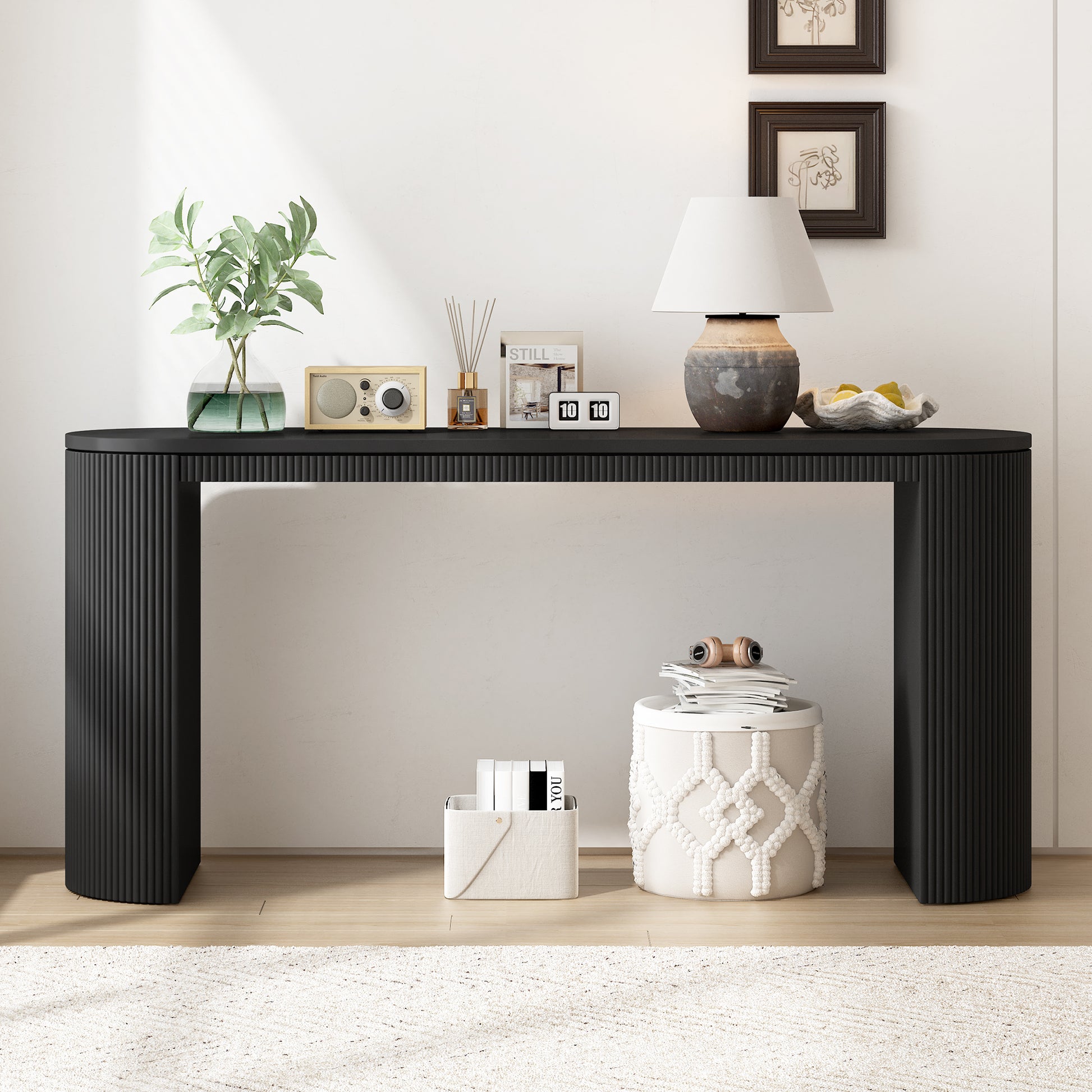 Curved Design Console Table With Unique Vertical Stripe Design ,Suitable For Living Room,Study And Entrance Black Mdf