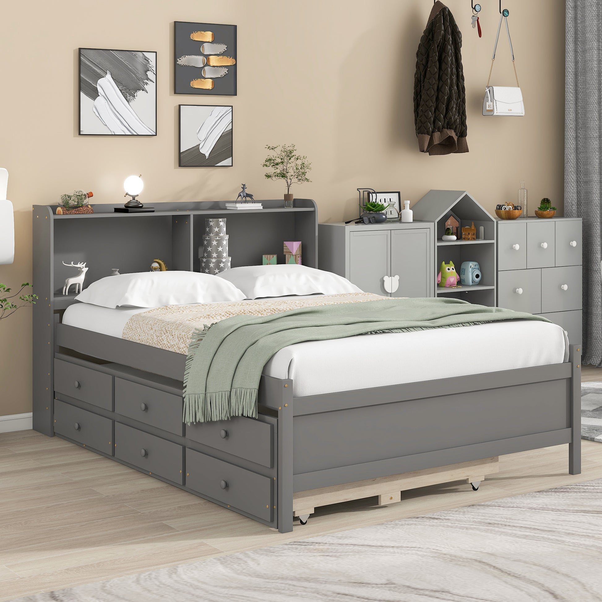 Full Bed With Bookcase,Twin Trundle,Drawers,Grey Full Grey Pine