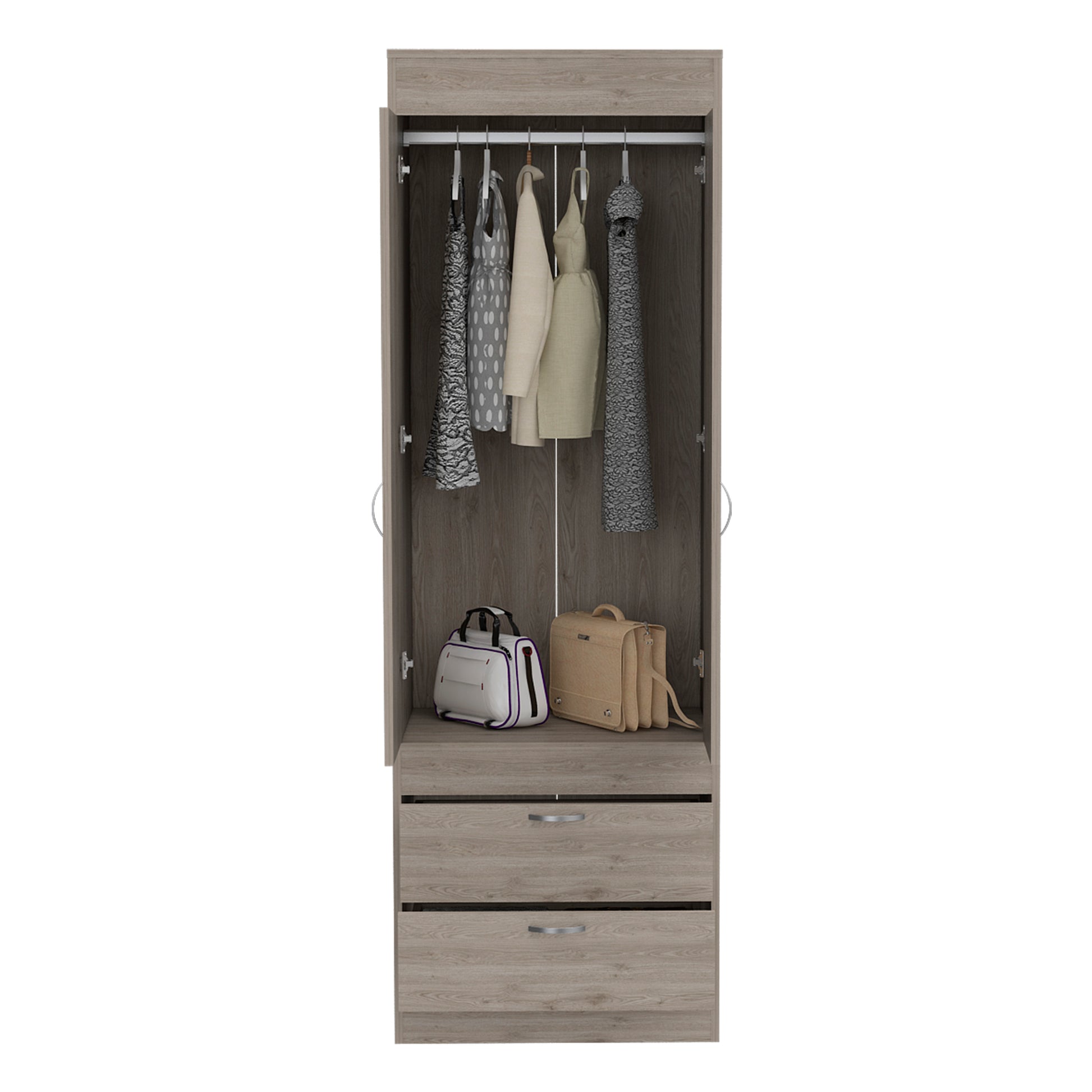 Armoire, Double Door Cabinet, Two Drawers, Metal Handles, Rod, Light Gray Light Gray Solid Wood Mdf Engineered Wood