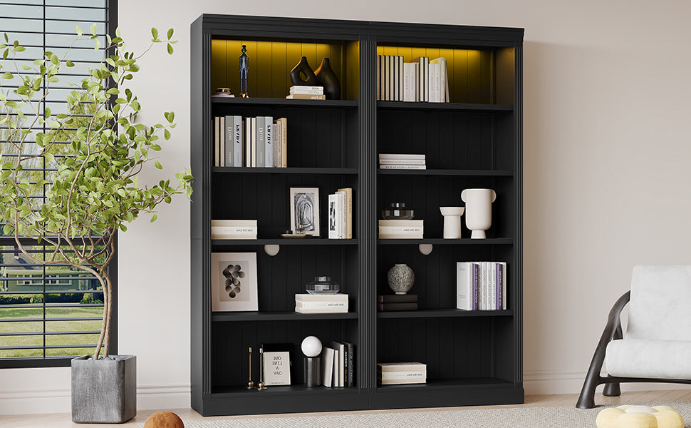 83" Tall Wood Bookcase Suite With Light Strip ,5 Tier Home Decor Bookcase Suite With Adjustable Shelves,Storage Organizer,Free Standing Storage Shelves Suite For Living Room,Home Office,Black Black