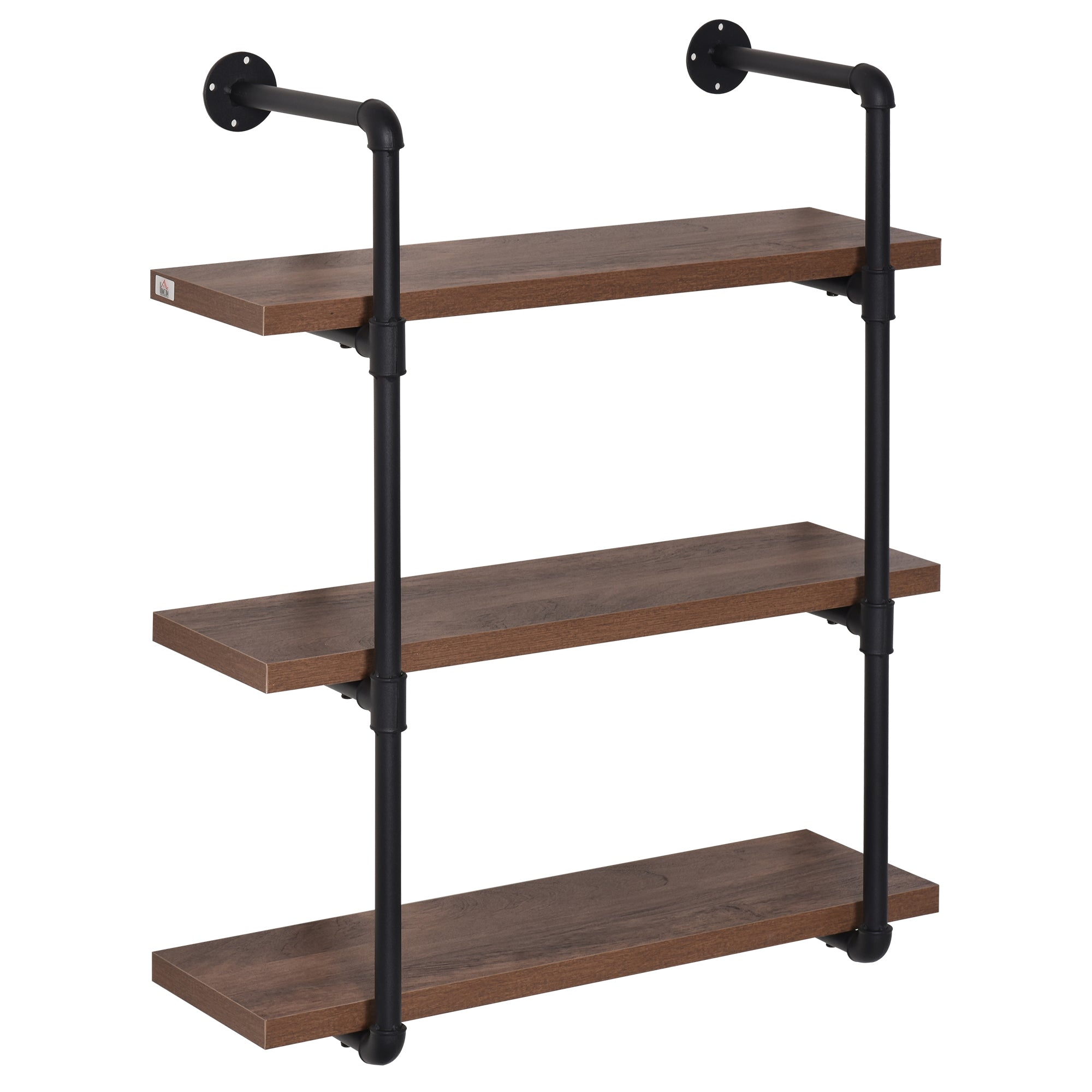 Homcom 3 Tier Industrial Pipe Shelves, Floating Wall Mounted Bookshelf, Metal Frame Display Rack For Living Room Or Bedroom, Rustic Brown Brown Mdf