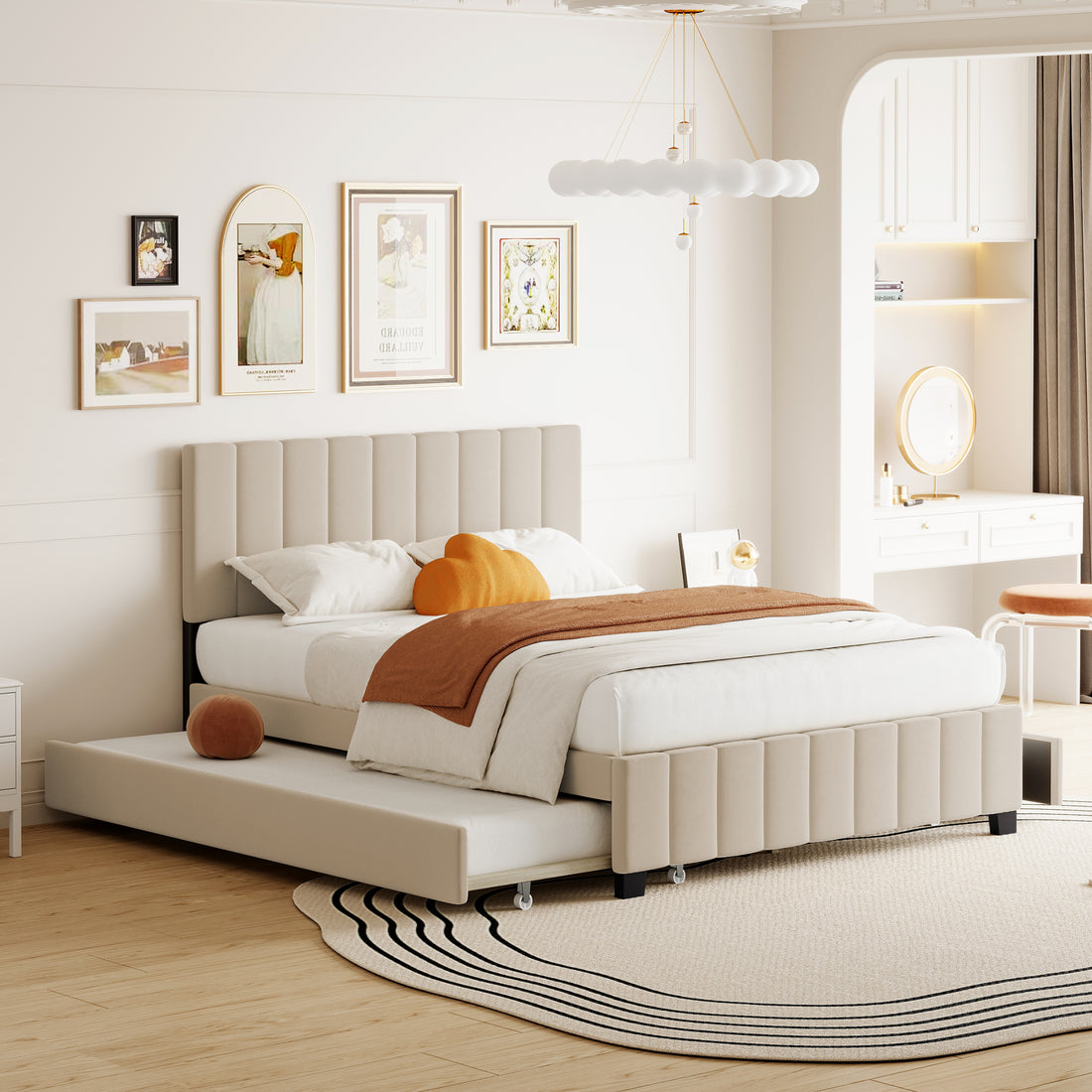 Queen Size Velvet Upholstered Platform Bed With 2 Drawers And 1 Twin Xl Trundle Beige Queen Beige Upholstered
