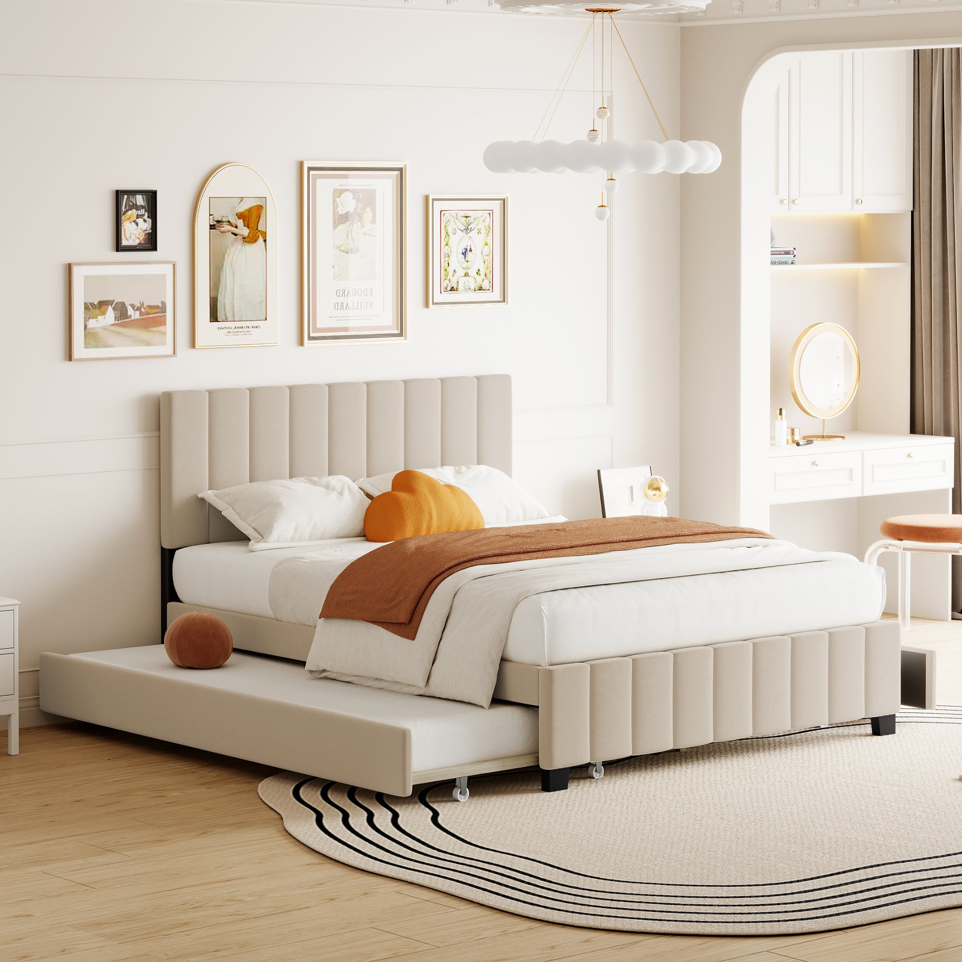Queen Size Velvet Upholstered Platform Bed With 2 Drawers And 1 Twin Xl Trundle Beige Queen Beige Upholstered