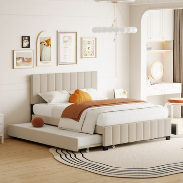 Queen Size Velvet Upholstered Platform Bed With 2 Drawers And 1 Twin Xl Trundle Beige Queen Beige Upholstered