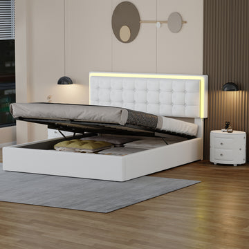 3 Pieces Bedroom Sets,Queen Size Upholstered Bed With Led Lights,Hydraulic Storage System, Two Nightstands With Crystal Decoration,White Queen White 3 Piece Set Wood