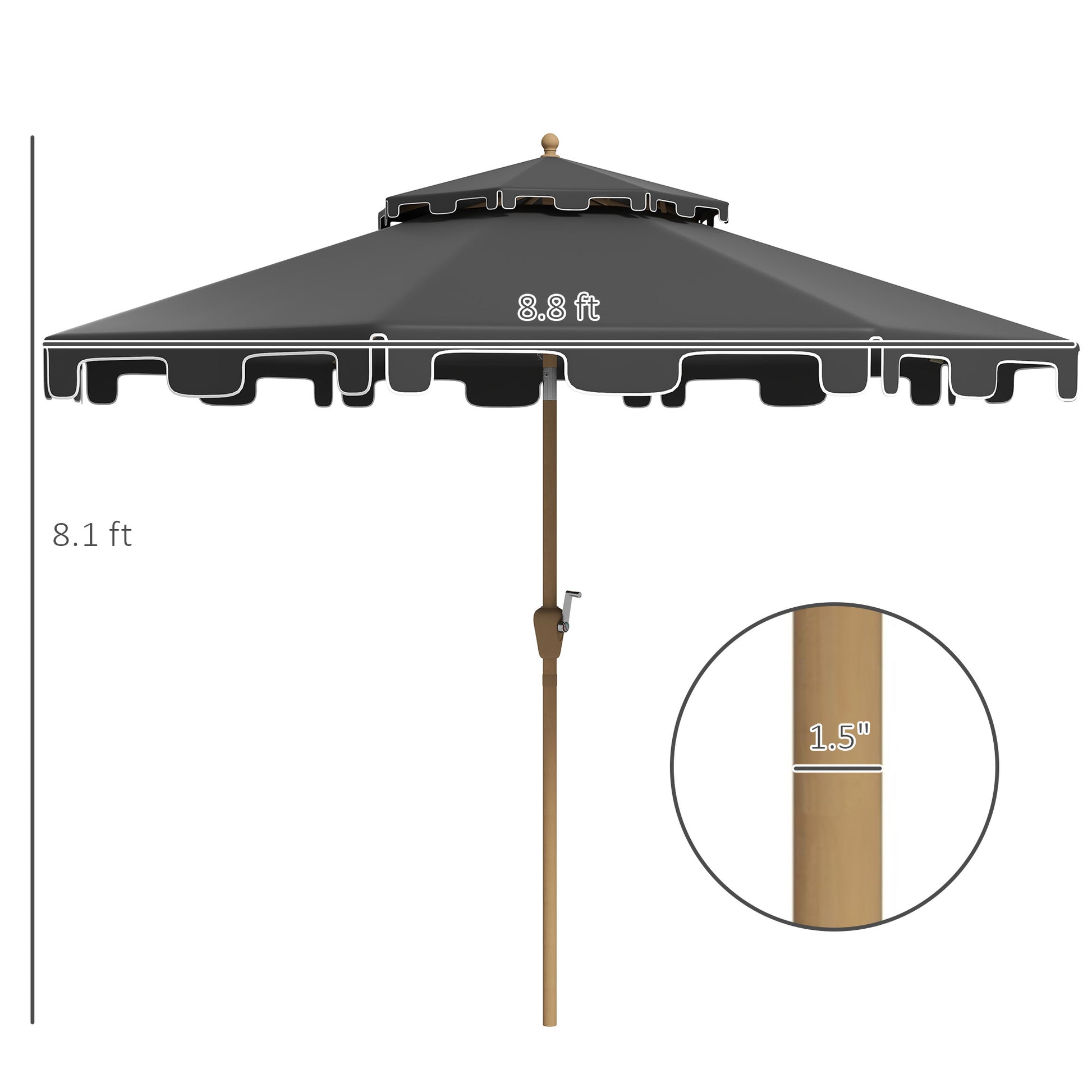 Outsunny 9' Patio Umbrella With Push Button Tilt And Crank, Double Top Ruffled Outdoor Market Table Umbrella With 8 Ribs, For Garden, Deck, Pool, Dark Gray Dark Gray Polyester