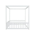 Full Size Canopy Frame Floor Bed With Fence, Guardrails,White Full White American Design Pine