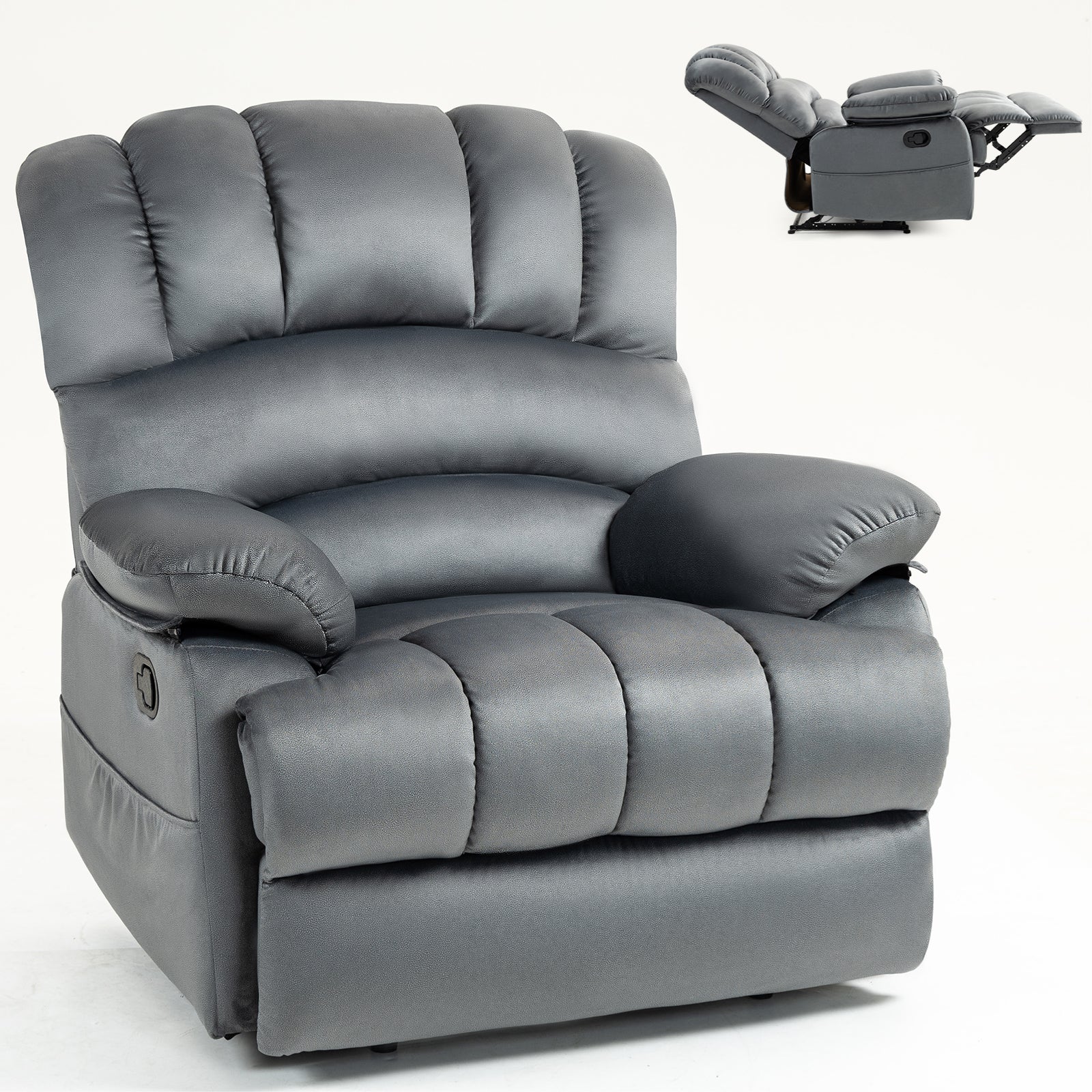 Large Manual Recliner Chair In Fabric For Living Room, Grey Grey Polyester Manual Handle Metal Primary Living Space Medium Firm Cushion Back Heavy Duty American Design Pine Pillow Top Arms Fiber Foam And Polyester Fiber Pad Fabric