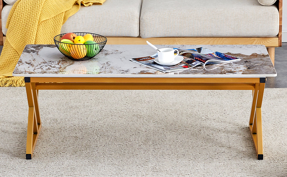 A Modern Minimalist Style Marble Patterned Coffee Table With Golden Metal Legs. Computer Desk. Game Table. Tea Table. Ct Xx Gold Sintered Stone